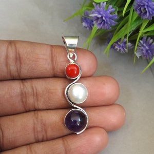 Red Coral Freshwater Pearl Amethyst Pendant 925 Sterling Silver Pendant Handmade Pendant Three Stone Pendant Birthday Gift Jewelry For Her
