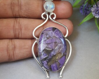 Handmade Charoite & Moonstone Pendant, 925 Sterling Silver