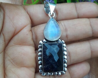 Handmade Sterling Silver Sapphire Moonstone Pendant, Statement Jewelry