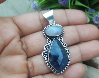 Handmade Sterling Silver Sapphire Rainbow Moonstone Pendant