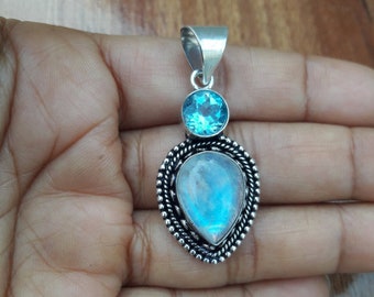 Natural Blue Rainbow Moonstone Pendant, Blue Topaz Pendant, 925 Sterling Silver Pendant, Statement Pendant Necklace, Christmas Gift for Her