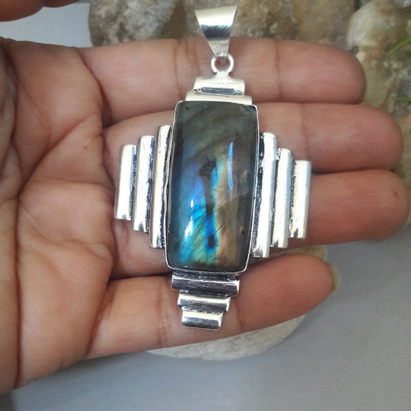 Incroyable, Labradorite de feu bleu 100 % naturelle, pendentif en forme de cœur/pierre précieuse originale/pendentif plaqué argent/grand pendentif/bijoux cadeaux de mariage.