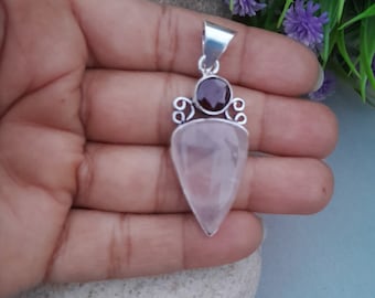 Handmade Rose Quartz & Red Garnet 925 Sterling Silver Pendant