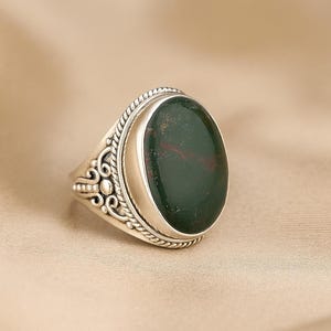 Natural Bloodstone Ring, 925 Sterling Silver Yellow Gold Rose Gold Plated Ring, Blood Stone, Forest Green, Red Spots, Oval Bloodstone Gift