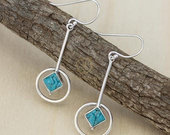 Boucles d'oreilles pierre gemme turquoise bleue Boucles d'oreille pierre bleue - Boucles d'oreilles pendantes faites main en argent sterling 925, plaqué or jaune et or rose