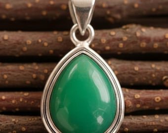 Green Chrysoprase Teardrop Pendant, 925 Sterling Silver Yellow & Rose Gold Plated Necklace, Handmade Wedding Pendant, Valentine's Gift Her