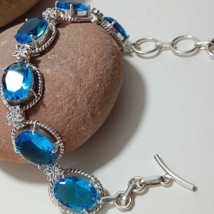Blue Topaz Bracelet 925 Sterling Silver Bracelet Handmade Statement Bracelet Cut Stone Bracelet Anniversary Birthday Gift Jewelry For Women