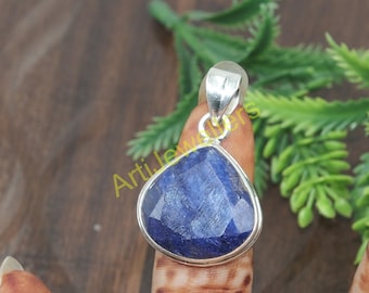 Blue Sapphire 925 Sterling Silver Pendant - Handmade Stone Jewelry