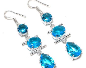 Blue Topaz Cut Stone Earrings 925 Sterling Silver Earrings Handmade Drop Dangle Earrings Gemstone Earrings Gift Jewelry For Wife Mom Sister