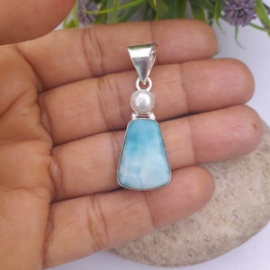 Larimar Freshwater Pearl Stone Pendant 925 Sterling Silver Pendant Handmade Statement Pendant Larimar Jewelry Pearl Jewelry Gift For Women