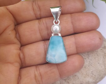 Handmade Larimar & Freshwater Pearl Pendant, 925 Sterling Silver