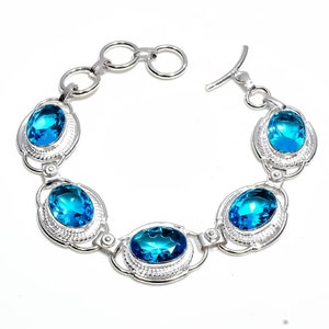 Blue Topaz Cut Stone Bracelet 925 Sterling Silver Bracelet Handmade Bracelet Blue Stone Bracelet Topaz Christmas Gift Jewelry For Women