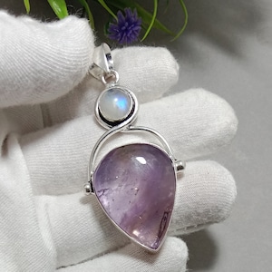 Purple Amethyst Blue Moonstone Pendant 925 Sterling Silver Pendant Statement Pendant Necklace Amethyst Jewelry Moonstone Jewelry For Her