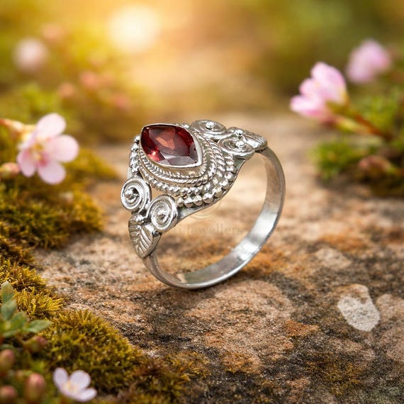 Natural Red Garnet Stone Ring 925 Sterling Silver Handmade Ring 