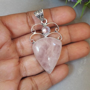 Pink Rose Quartz Stone Pendant 925 Sterling Silver Pendant Gemstone Pendant Handmade Statement Pendant Rose Quartz Gift Jewelry For Women