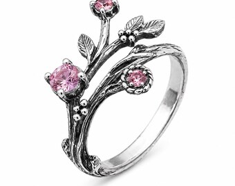 Pink Tourmaline Branch Ring, Handmade 925 Sterling Silver Botanical Promise Ring