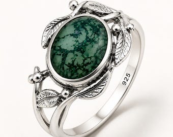 Green Moss Agate Ring, 925 Sterling Silver Ring, Nature Inspired Leaf Ring, Handmade Gemstone Ring, Botanical Jewelry, Gift for Her