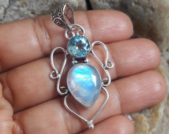 Rainbow Moonstone Blue Topaz Gemstone Pendant Pure 925 Sterling Silver Pendant Handmade Unique Design Pendant Cut Stone Pendant For Wife Mom