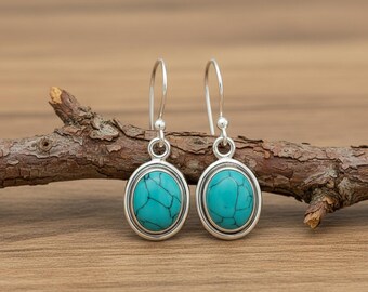 Boucles d'oreilles ovales turquoise, argent sterling 925, pierre de naissance décembre