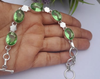 Green Peridot Cut Stone Bracelet Pure 925 Sterling Silver Bracelet Handmade Statement Bracelet Green Stone Bracelet Christmas Gift Jewelry