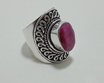 Anel oval de rubi feito à mão, prata de lei 925, joia marcante