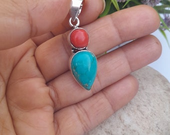 Turquoise & Coral Pendant, 925 Sterling Silver, Handmade Jewelry