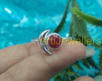 Pink Ruby Gemstone Ring 925 Sterling Silver Handmade Adjustable Ring Promise Ring Gemstone Ring Moon Design Rings Ruby Gift Jewelry For Her