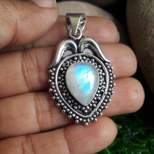 Natural Blue Fire Moonstone Pendant, 925 Sterling Silver Pendant, Statement Pendant Necklace Christmas Valentine&#39;s Day Gift Jewelry For Her