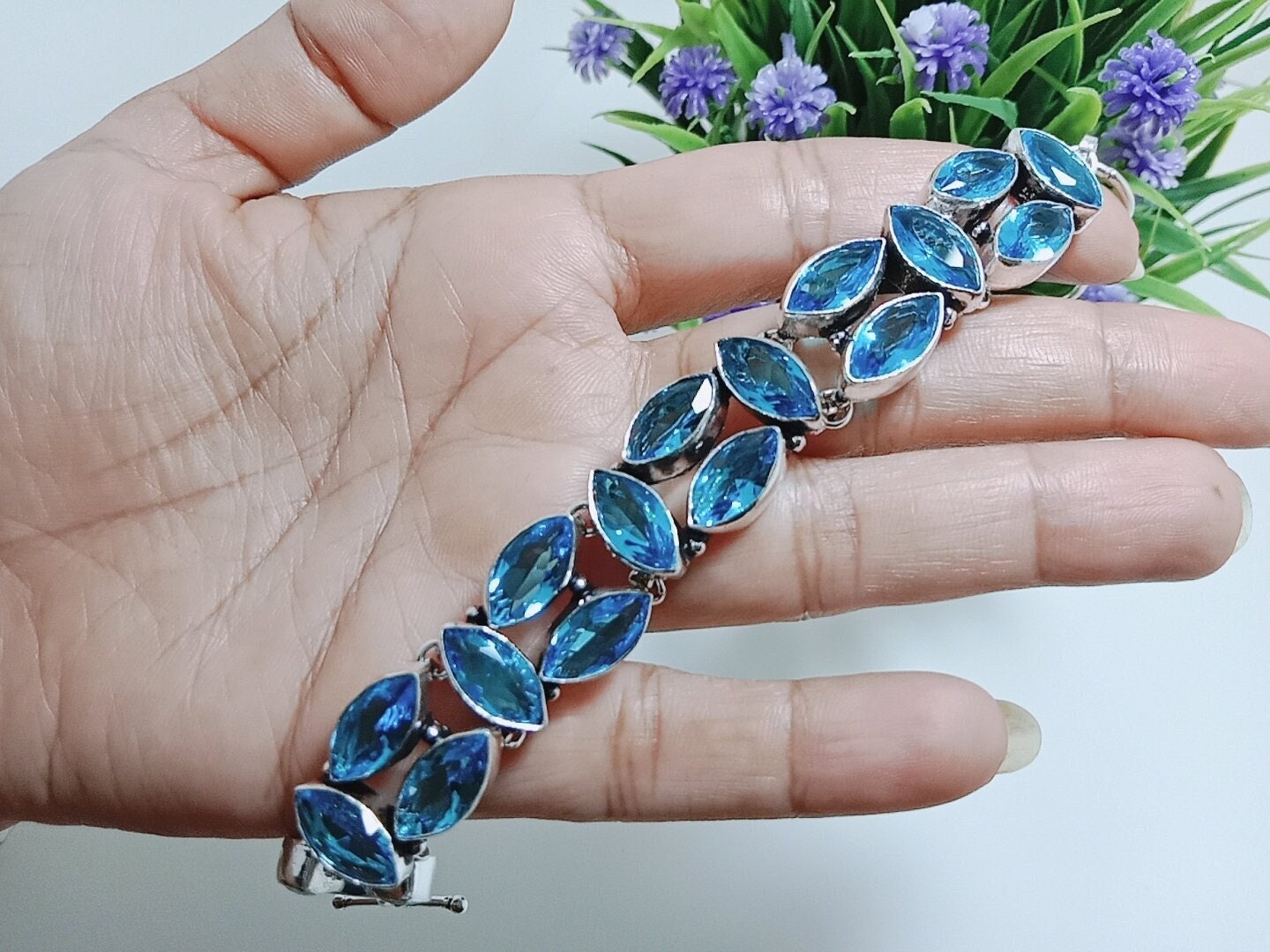 Male  Female Blue Topaz Gemstone German Silver Bracelet Size 78 Inch