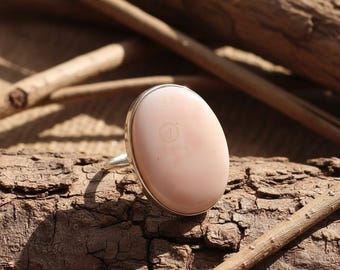 Natural Pink Opal Gemstone Ring, 925 Sterling Silver Ring, 18k Gold Plated Ring, Handmade Solitaire Ring, Large Stone Ring, Women Ring