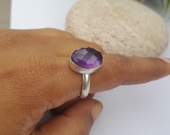 Anillo de amatista morada, anillo de piedra tallada, anillo de plata de ley 925, anillo de piedra morada, anillo de compromiso, joyería de amatista para cumpleaños para mujer.
