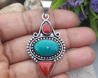 Turquoise & Red Coral Gemstone Pendant - 925 Sterling Silver Handmade Design