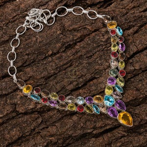Colorful Multi Gemstone Necklace, 925 Sterling Silver Handmade Necklace, Unique Statement Necklace, Birthday Anniversary Gift for Women