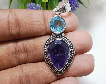 Handmade Sterling Silver Amethyst and Blue Topaz Pendant