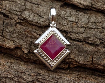 Natural Ruby Gemstone Pendant, Red Stone Necklace, 925 Sterling Silver, Square Shaped Pendant, Cut Stone Jewelry, Anniversary Gift for Her