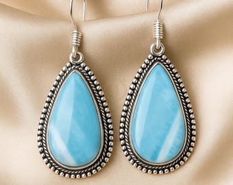 Handmade Larimar Earrings, 925 Sterling Silver Dangle Design