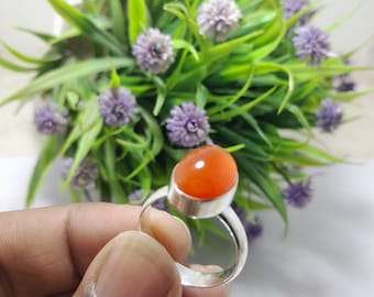 Orange Carnelian Ring, Oval Stone, 925 Sterling Silver