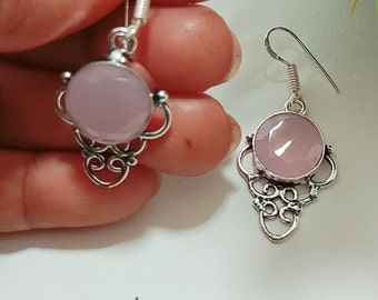 Natural Rose Quartz Dangle Earrings, 925 Sterling Silver, Pink Gemstone Jewelry