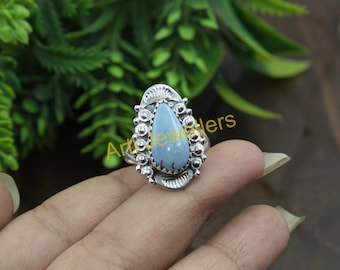 Pierścionek z unikatowym wzorem Angelite, kamień szlachetny, srebro próby 925, pierścionek z niebieskim kamieniem, ręcznie robiony pierścionek z wyrazistym wzorem, pierścionek w stylu boho, prezent z Angelite