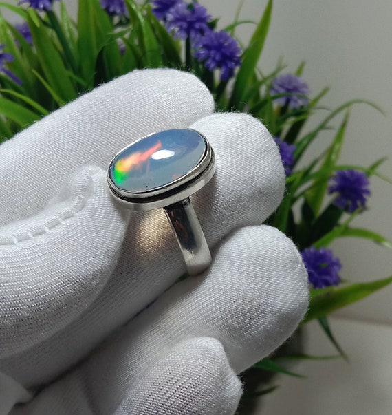 Natural Multi Fire Ethiopian Opal Ring Pure 925 Sterling Silver - Main Image