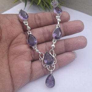 Natural Purple Amethyst Cut Stone Necklace, 925 Sterling Silver Necklace, Gemstone Necklace with Adjustable Chain, Amethyst Gift Jewelry