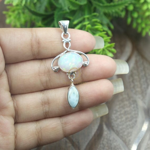 ラリマー エチオピアンオパール ネックレス 天然エチオピア産オパールとブルーラリマーペンダント 925スターリング