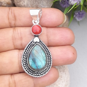 Blue Labradorite Red Coral Gemstone Pendant 925 Sterling Silver Pendant Statement Unique Design Pendant Labradorite Gift Jewelry For Women