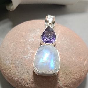 Blue Moonstone Purple Amethyst Pendant 925 Sterling Silver Handmade Statement Pendant Cut Stone Pendant Moonstone Jewelry Gift For Wife Mom