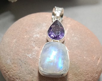 Pendentif pierre de lune bleue améthyste violette en argent sterling 925 fait main pendentif pierre taillée pendentif pierre de lune bijoux cadeau pour femme maman