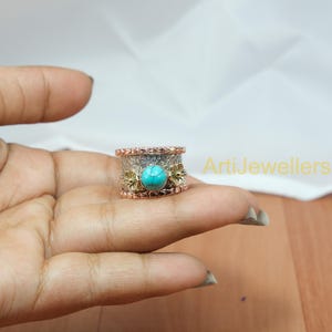 Ring Tibetaans turkoois 925 sterlingzilveren ring met messing en koperen bloemontwerp statement ring voor mannen en vrouwen duimbandring