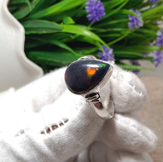 Bague opale éthiopienne noire en argent sterling 925, bagues