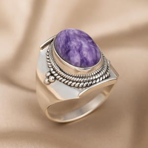 Natural Russian Charoite rings, Pure 92.5 Sterling Silver Ring, Large Purple Gemstone, Handmade Jewelry, Antique Boho Ring, Gift for Her
