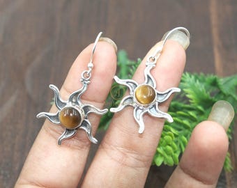 Natural Brown Tiger Eye Stone Earrings 925 Sterling Silver Earrings Dangle Earrings Sun Design Gemstone Earrings Valentines Day Gift for Her