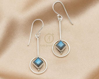 Labradorite 925 Silver Earrings Rose Gold &Yellow Gold Plated-Dangle Drop Earrings-Handmade Hook Earrings-Women Dainty Earrings Gift for Her